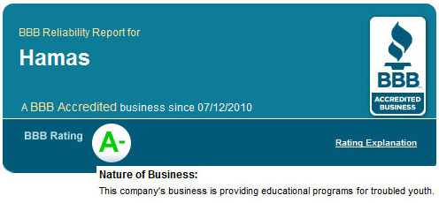 Picture of the Better Business Bureau A- rating for Hamas, a known terrorist organization